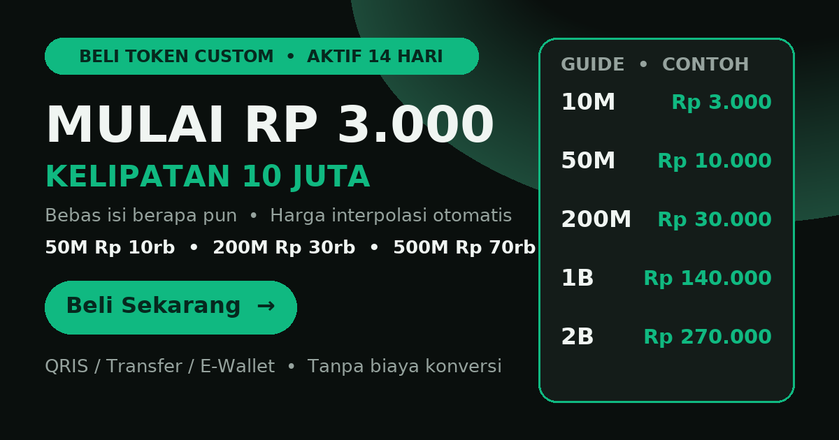 Beli Token Custom — mulai Rp 3.500 untuk 12 juta token, aktif 14 hari